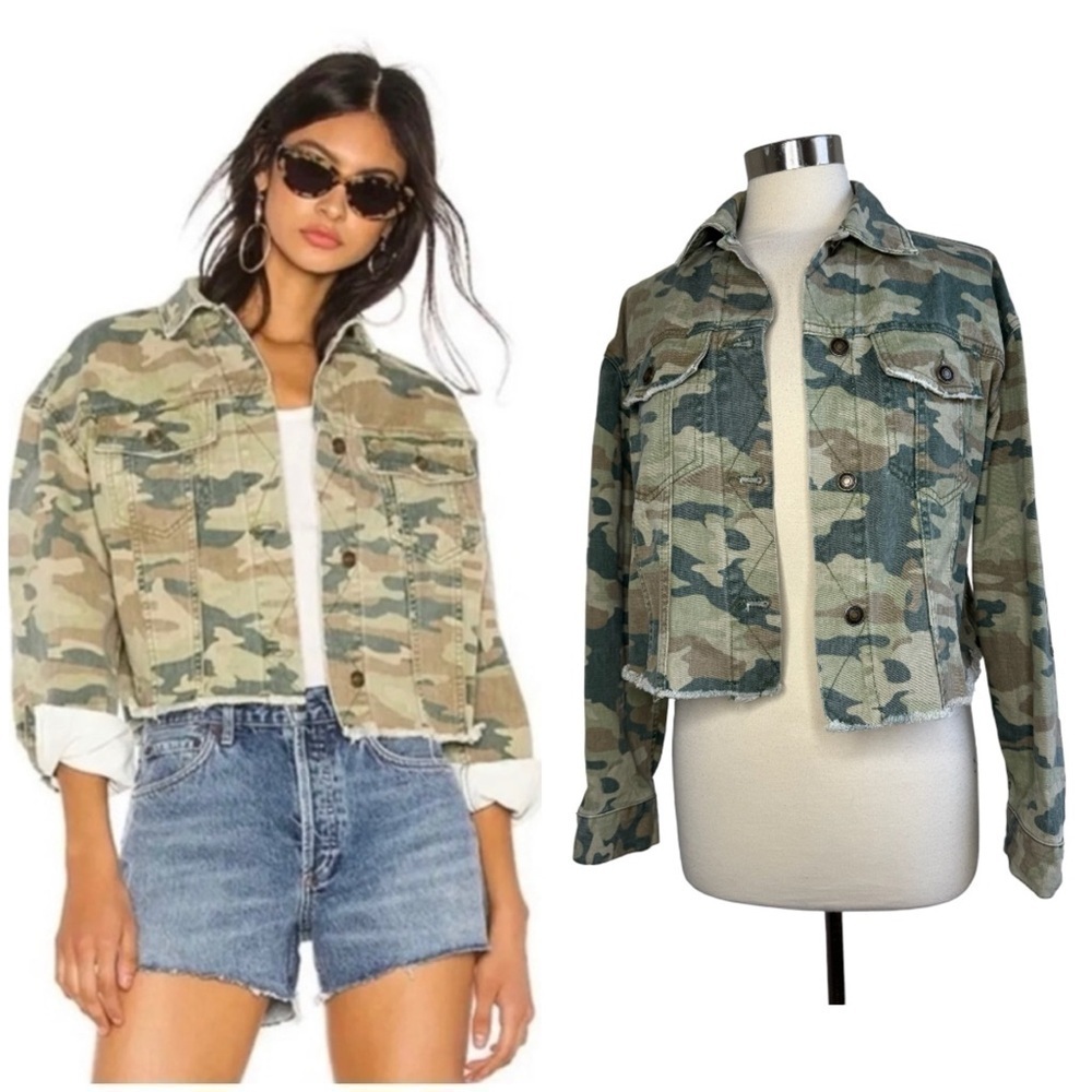 Free People Camo Cropped Jean Jacket in Green & Tan
